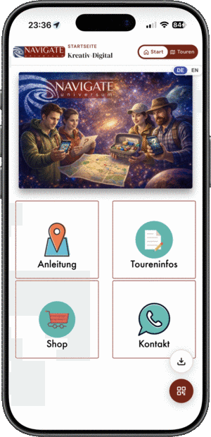 App kreativ-digital: Startseite einer eigenen WebApp mit Kachelmenü